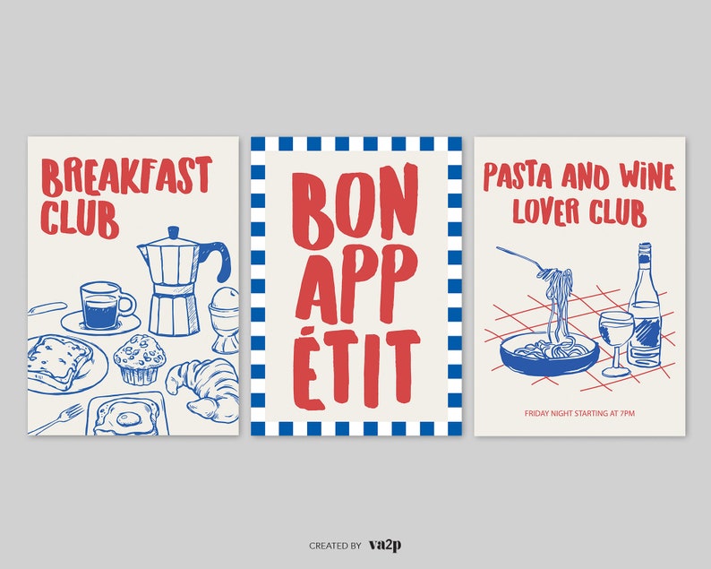 Op de afbeelding: Drie ge&iuml;llustreerde posters met een vintage esthetiek. De posters luiden "Breakfast Club", "Bon App&eacute;tit" en "Pasta and Wine Lover Club". Elke poster bevat handgetekende afbeeldingen van eten en drinken in blauw en rood.
