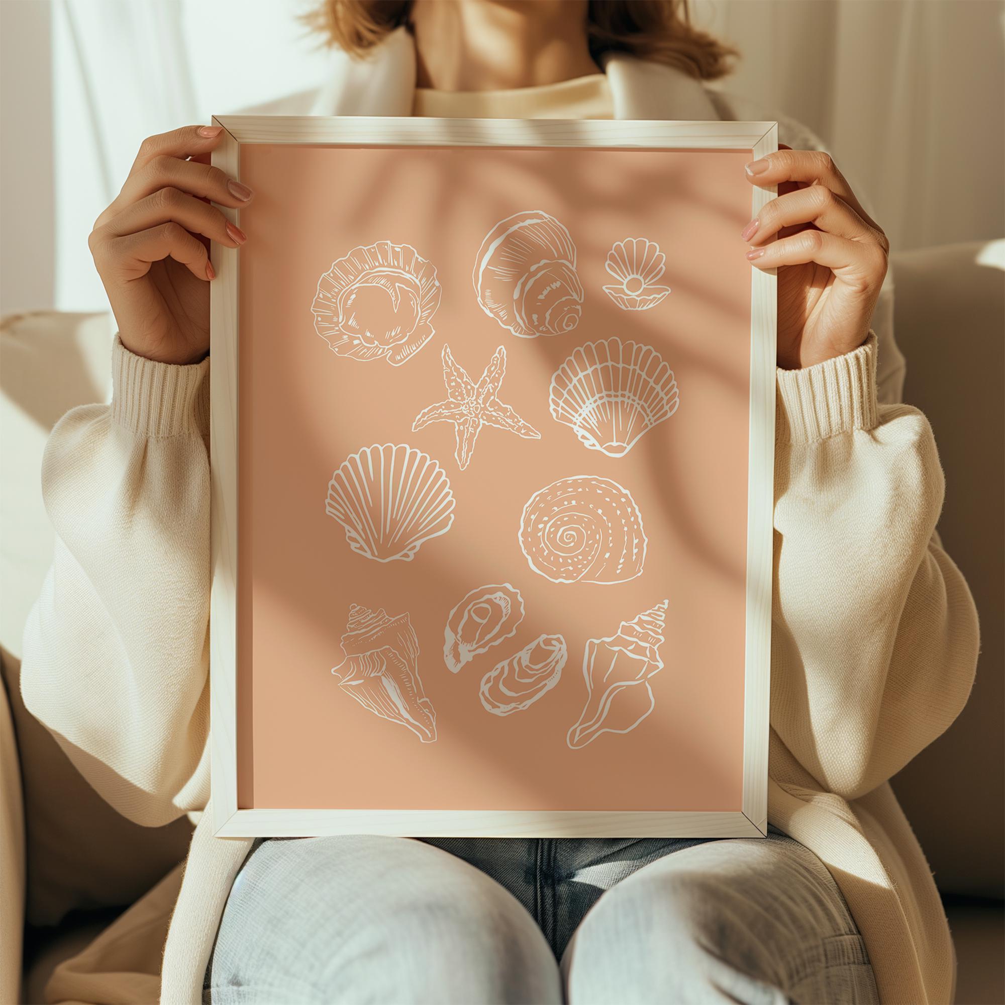 Seashells Print, Digital Art Download, Coastal Wall Art, Peach Wall Art ...
