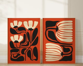 Abstract Burnt Orange Flower Art Print Set of 2, Digital Download, Matisse Style Flower, Mid Century Wall Art, Japandi Wall Decor, Boho Art