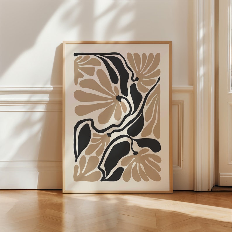 Boho abstrakt blomtryck, svartbeige blommig väggkonst, vintage konsttryck, boho utskrivbar konst, botanisk affisch, digital nedladdning bild 1
