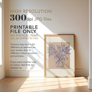 May include: A printable digital download of a line art illustration of blue flowers in a vase. The text "HIGH RESOLUTION 300 dpi JPG files PRINTABLE FILE ONLY NO PHYSICAL ITEMS WILL BE SHIPPED TO YOU" is visible in the image.
