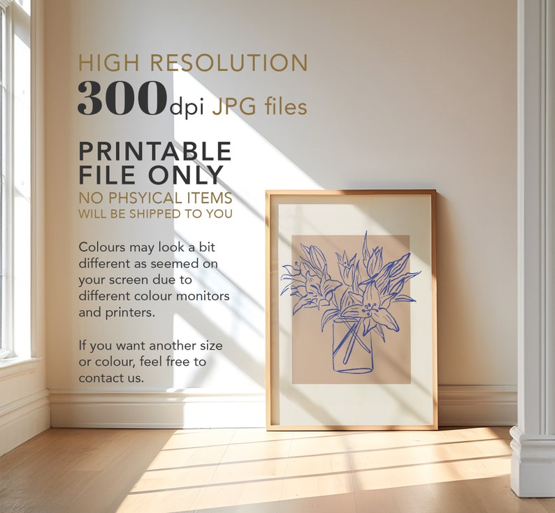 May include: A printable digital download of a line art illustration of blue flowers in a vase. The text "HIGH RESOLUTION 300 dpi JPG files PRINTABLE FILE ONLY NO PHYSICAL ITEMS WILL BE SHIPPED TO YOU" is visible in the image.