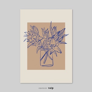 May include: A blue line drawing of a bouquet of lilies in a glass vase on a brown background.
