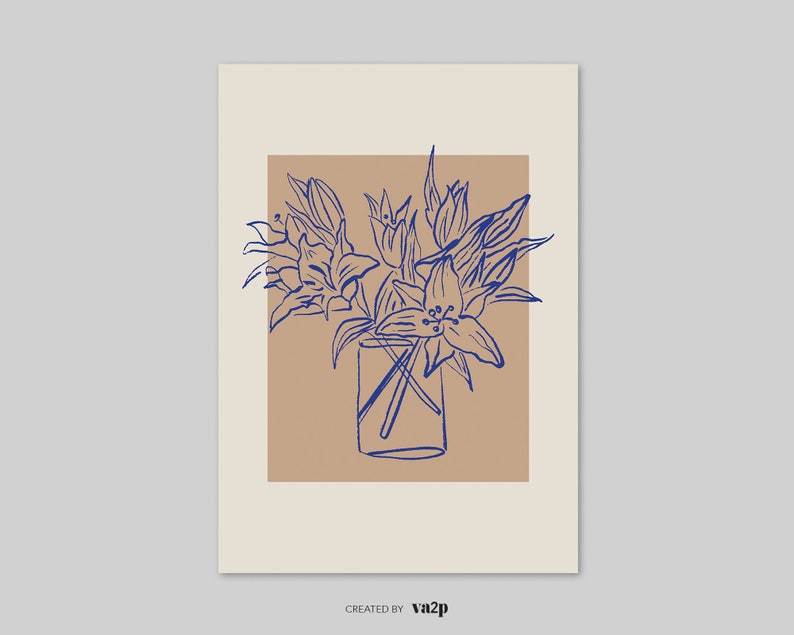 May include: A blue line drawing of a bouquet of lilies in a glass vase on a brown background.