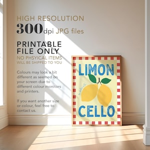 May include: A printable digital download of a vintage-style poster featuring two yellow lemons with green leaves and the text "LIMON" and "CELLO" in blue and red lettering on a white background with a red and white checkered border.