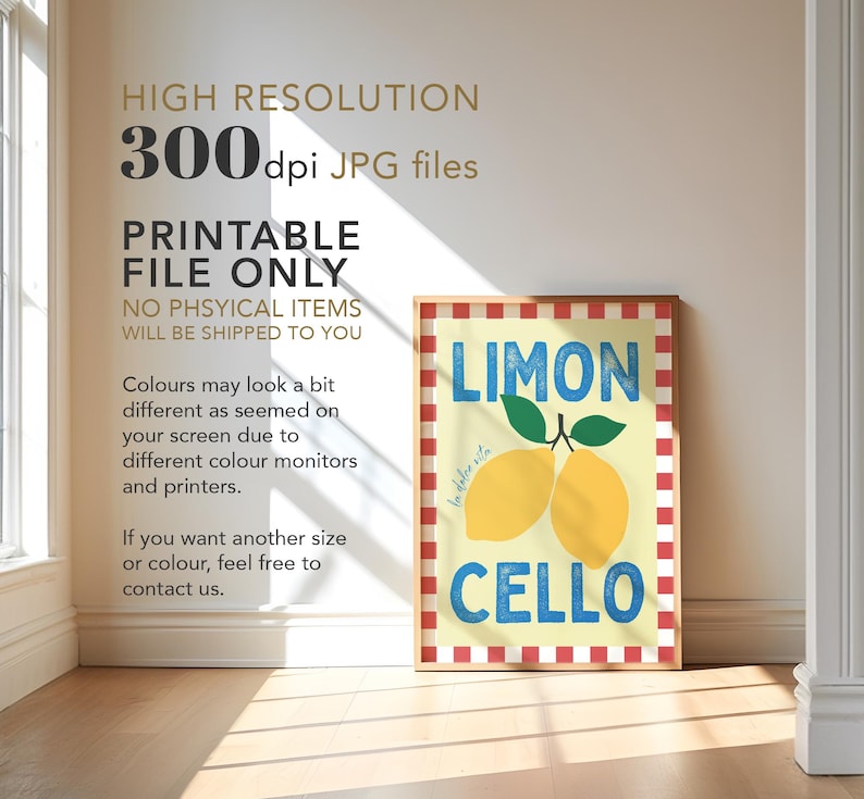 May include: A printable digital download of a vintage-style poster featuring two yellow lemons with green leaves and the text "LIMON" and "CELLO" in blue and red lettering on a white background with a red and white checkered border.