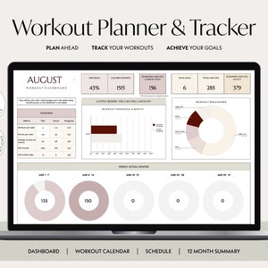 May include: A laptop screen displaying a Google Sheets spreadsheet with a workout planner and tracker for the month of August. The spreadsheet includes a dashboard with progress metrics, a workout calendar, a schedule, and a 12-month summary.