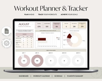 Planificateur d'entraînements Google Sheets - Fitness Tracker (téléchargement numérique). Modèle mensuel autonome.