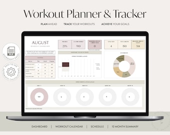 Planificateur et traqueur d'entraînements Excel - Journal de remise en forme (téléchargement numérique). Modèle mensuel autonome.
