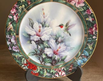 Hummingbird Floral Art Plate by Lena Liu, Collectible Porcelain Display Plate, Nature Lover Home Decor Gift