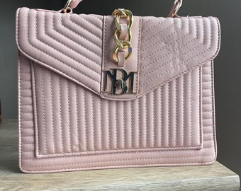 Badgley Mischka blush pink quilted handbag with gold chain accent, small top handle purse, trendy mini handbag for women, (flaws)