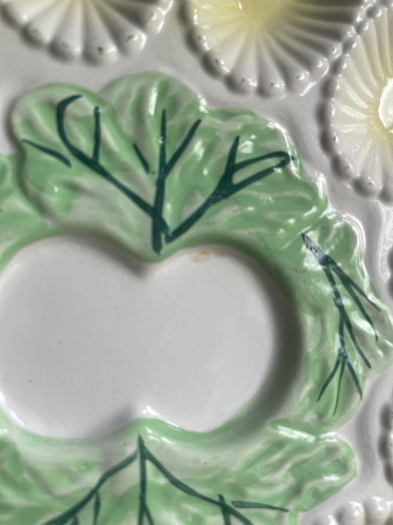Ceramic Deviled Egg Serving Plate Vintage 12 Egg Platter Cabbage Leaf Center Easter Brunch Farmhouse Kitchen Gift image 5