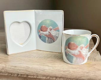 Porcelain Baby Cup and Matching Heart Frame, Newborn Gift Set, Infant Keepsake, Christening Baptism Nursery Decor, Roman, made in Japan