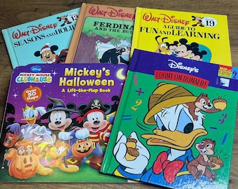 Vintage Walt Disney Books Set, Mickey Mouse Halloween Lift a Flap, Count on Donald, Fun and Learning, Retro Children’s Book Lot set of 5