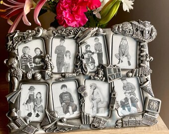 Vintage School Days silver tone Collage Picture Frame,  8 Opening Graduation Photo Frame, Teacher Gift, Childhood Memories Keepsake