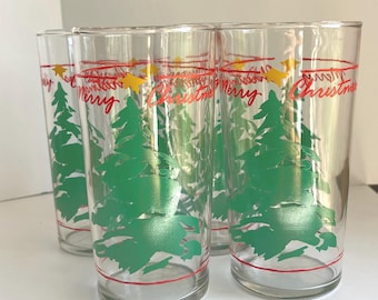 Vintage 1990 Abbey Press Merry Christmas Glass Tumblers Set, Christmas Tree Drinkware, Holiday Barware, Retro Christmas Decor, set of 4