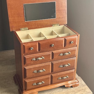 Vintage Wooden Jewelry Box Chest with Drawers, Mini Dresser Organizer, Rustic Tabletop Storage Cabinet
