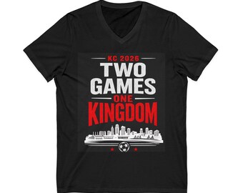 Two Games One Kingdom V Neck T-Shirt | KC 2026 Soccer Skyline Tee