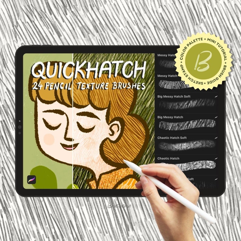 May include: A digital illustration of a woman's face on a tablet screen. The woman's hair and clothing are drawn with a variety of textured pencil strokes. The text "QUICKHATCH 24 PENCIL TEXTURE BRUSHES" is displayed on the screen. A hand is holding a stylus over the screen.