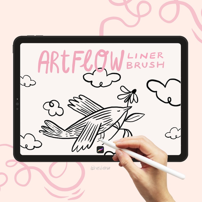 May include: A digital illustration of a bird with a flower in its beak, drawn on a tablet using a stylus. The text "ARTFLOW LINER BRUSH" is displayed at the top of the screen.