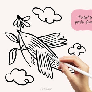 May include: A black and white line drawing of a bird flying towards a flower. The bird is drawn with a striped pattern. The drawing is on a white background with clouds.