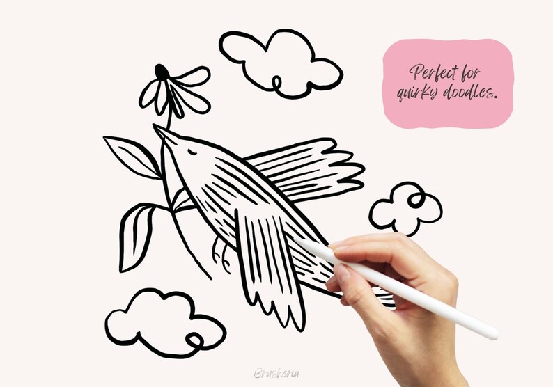 May include: A black and white line drawing of a bird flying towards a flower. The bird is drawn with a striped pattern. The drawing is on a white background with clouds.