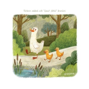 May include: A white duck with two yellow ducklings walking on a path in a forest. The path is lined with green bushes and there is a small pond in the background. The text "Textures added with "Quick Hatch" brushes" is at the top of the image.