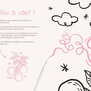 May include: A digital illustration of a peach with leaves, with the word "Peachy" written below. The illustration is in pink and black, and is surrounded by other doodles, including clouds and stars.