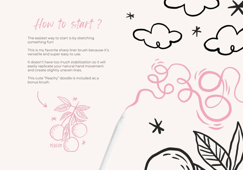 May include: A digital illustration of a peach with leaves, with the word "Peachy" written below. The illustration is in pink and black, and is surrounded by other doodles, including clouds and stars.