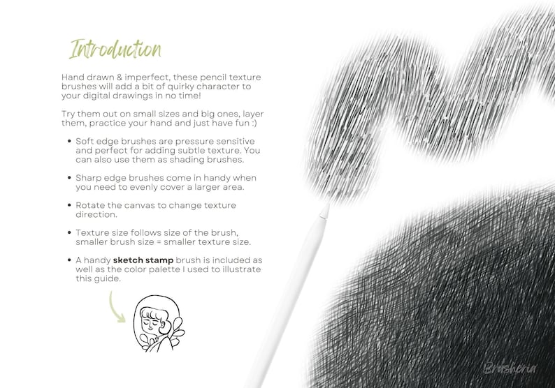 May include: Introduction to a set of hand-drawn pencil texture brushes for digital art. The image shows a close-up of a brush stroke with a white stylus. The text describes the brushes as pressure sensitive and perfect for adding subtle texture.