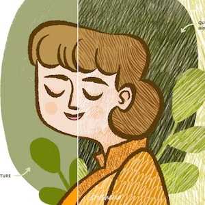May include: A digital illustration of a person with brown hair and eyes closed. The person is wearing a yellow and orange shirt with a textured pattern. The background is green with leaves and a textured pattern. The text "QUICKHATCH BRUSHES" is in the upper right corner of the image. The text "NO TEXTURE" is in the lower left corner of the image.