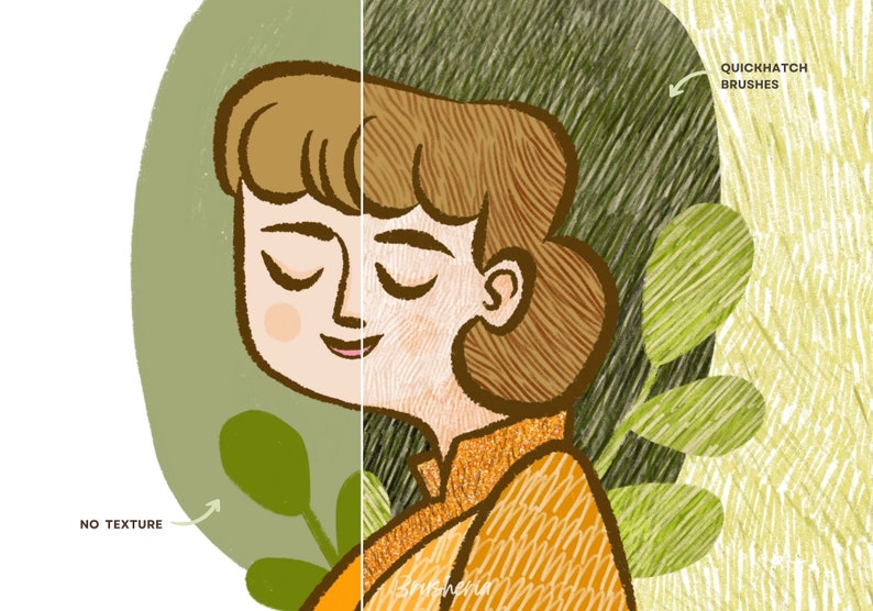 May include: A digital illustration of a person with brown hair and eyes closed. The person is wearing a yellow and orange shirt with a textured pattern. The background is green with leaves and a textured pattern. The text "QUICKHATCH BRUSHES" is in the upper right corner of the image. The text "NO TEXTURE" is in the lower left corner of the image.