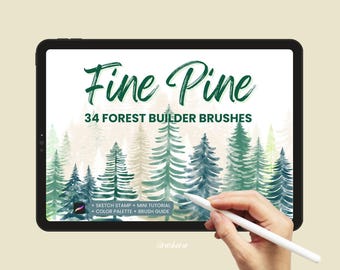 Quick Pine Procreate brushes, watercolor Nature, forest tree silhouettes digital brush set