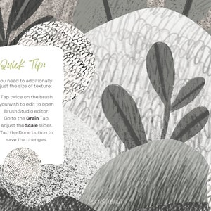 May include: A quick tip on how to adjust the size of texture in a digital art program. The tip is written in a white box with a green border. The background is a gray and white abstract design with leaves.