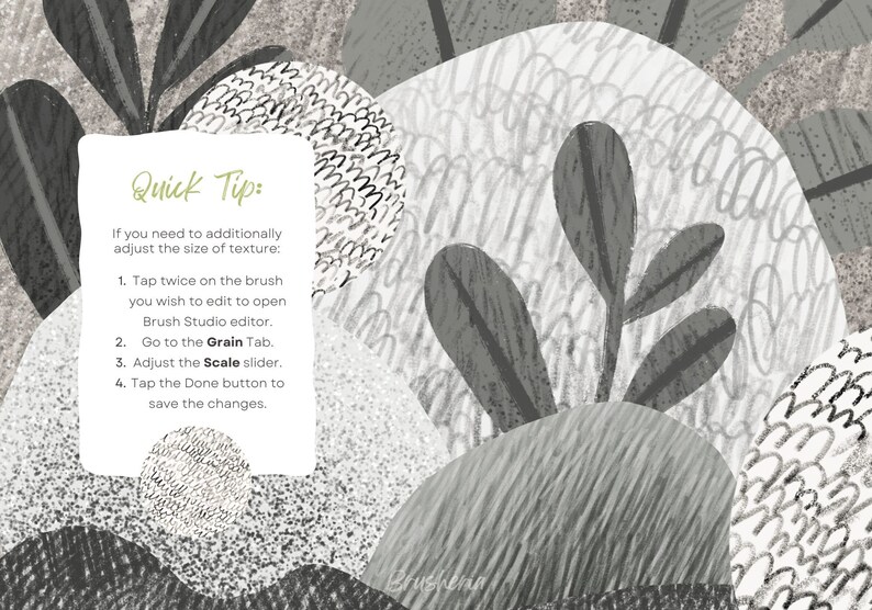 May include: A quick tip on how to adjust the size of texture in a digital art program. The tip is written in a white box with a green border. The background is a gray and white abstract design with leaves.