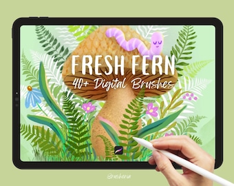 Fern digital art brushes for Procreate, 44 watercolor greenery brushes for iPad, hand made by Brusheria