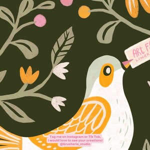 May include: A white bird with orange accents is perched on a branch with green leaves and orange flowers. The bird is holding a pink note that says "ART Flow LINER BRUSH". The text "Tag me on Instagram or Tik Tok, I would love to see your creations! @brusheria_studio" is below the bird.