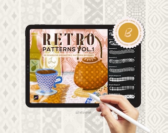 Retro geometric pattern brushes for Procreate, seamless patterns digital brush set by Brusheria
