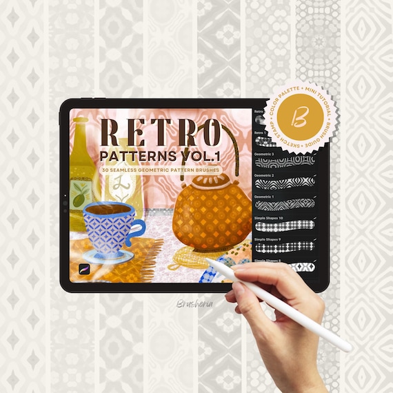 Retro geometric pattern brushes for Procreate, seamless patterns digital brush set by Brusheria