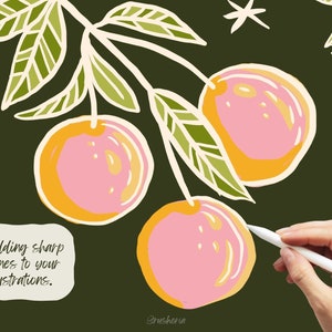 May include: A digital illustration of a branch with green leaves and pink and orange fruit. The text "Or adding sharp outlines to your illustrations." is written in black cursive on a dark green background.