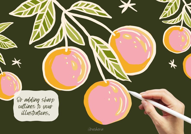 May include: A digital illustration of a branch with green leaves and pink and orange fruit. The text "Or adding sharp outlines to your illustrations." is written in black cursive on a dark green background.