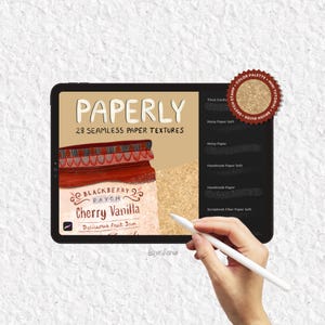 May include: A digital tablet shows "PAPERLY 28 SEAMLESS PAPER TEXTURES" with a jar of "Blackberry Patch Cherry Vanilla Delicious Fruit Jam." A hand holds a stylus. A colour palette and brush guide are also visible.