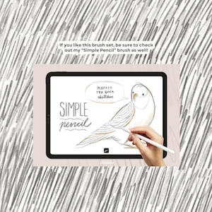 May include: A digital illustration of a bird on a tablet screen. The text "SIMPLE pencil" is written in a handwritten style. The text "PERFECT FOR QUICK sketches" is in a speech bubble above the bird. A hand is holding a stylus and drawing on the screen.