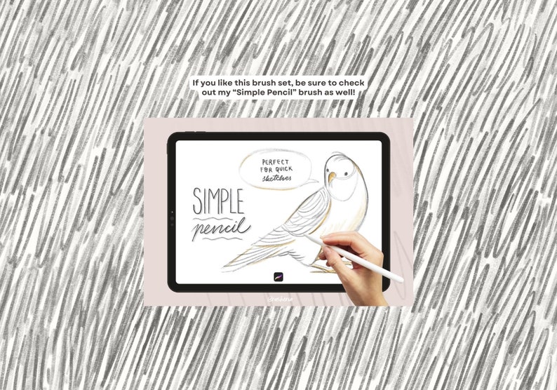 May include: A digital illustration of a bird on a tablet screen. The text "SIMPLE pencil" is written in a handwritten style. The text "PERFECT FOR QUICK sketches" is in a speech bubble above the bird. A hand is holding a stylus and drawing on the screen.