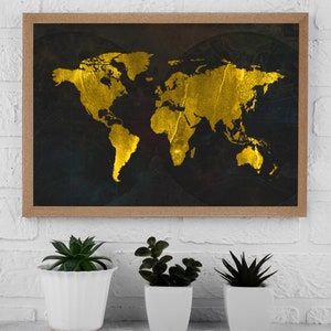 Wereldkaart Wall Art, Gold Paint World Map, World Map Digital Download, World Map Printable, World Map Print, Gold Paint, Kleurrijke digitale kunst