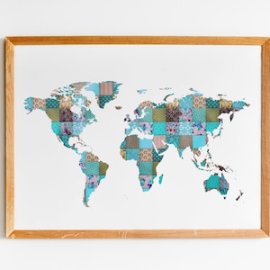 Blauwe wereldkaart quilt kunst aan de muur, wereldkaart digitale download, kaart afdrukbare, quilt kaart digitale print, quilt Art Print, patchwork wereldkaart kunst