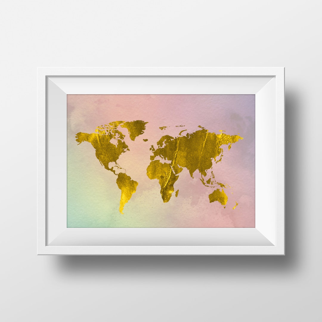 World Map Wall Art, Rainbow Watercolor World Map, World Map Digital ...