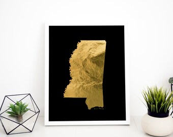 Goudfolie Mississippi-kaartafdruk, staatskunst aan de muur (digitale download)