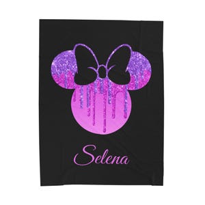 Pink and Black Glitter Drip Minnie Mouse Disney Velveteen Plush Blanket | Personalized Name Throw image 3