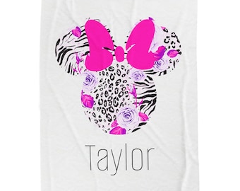 Pink Leopard Print Minnie Head Velveteen Plush Blanket | Personalizable Disney Gift